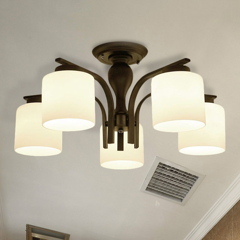 3/5/6 Lights Semi Flush Mount Traditional Cylinder Frosted Glass Ceiling Light in Black for Bedroom Clearhalo 'Ceiling Lights' 'Close To Ceiling Lights' 'Close to ceiling' 'Glass shade' 'Glass' 'Semi-flushmount' Lighting' 248183