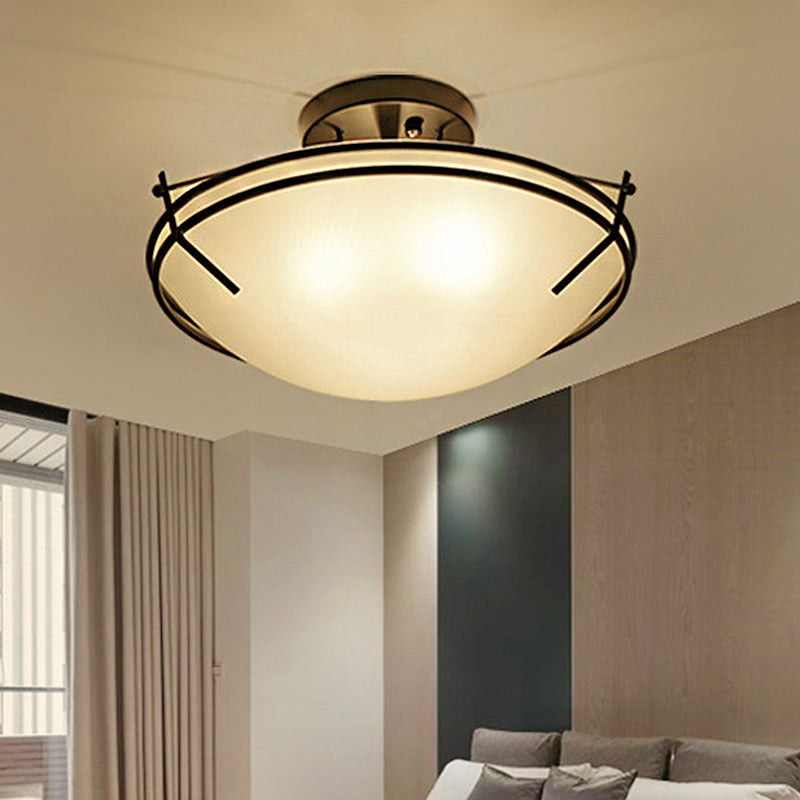 Bowl Frosted Glass Semi Flush Traditional 3 Lights Corridor Ceiling Light Fixture in Black Clearhalo 'Ceiling Lights' 'Close To Ceiling Lights' 'Close to ceiling' 'Glass shade' 'Glass' 'Semi-flushmount' Lighting' 248194