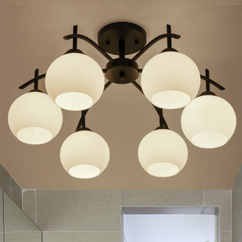 Globe White Glass Semi Flush Traditional 3/5/6 Lights Living Room Ceiling Light Fixture in Black 6 Black Clearhalo 'Ceiling Lights' 'Close To Ceiling Lights' 'Close to ceiling' 'Glass shade' 'Glass' 'Semi-flushmount' Lighting' 248197