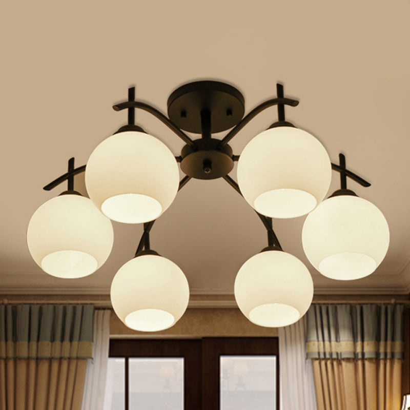 Globe White Glass Semi Flush Traditional 3/5/6 Lights Living Room Ceiling Light Fixture in Black Clearhalo 'Ceiling Lights' 'Close To Ceiling Lights' 'Close to ceiling' 'Glass shade' 'Glass' 'Semi-flushmount' Lighting' 248198