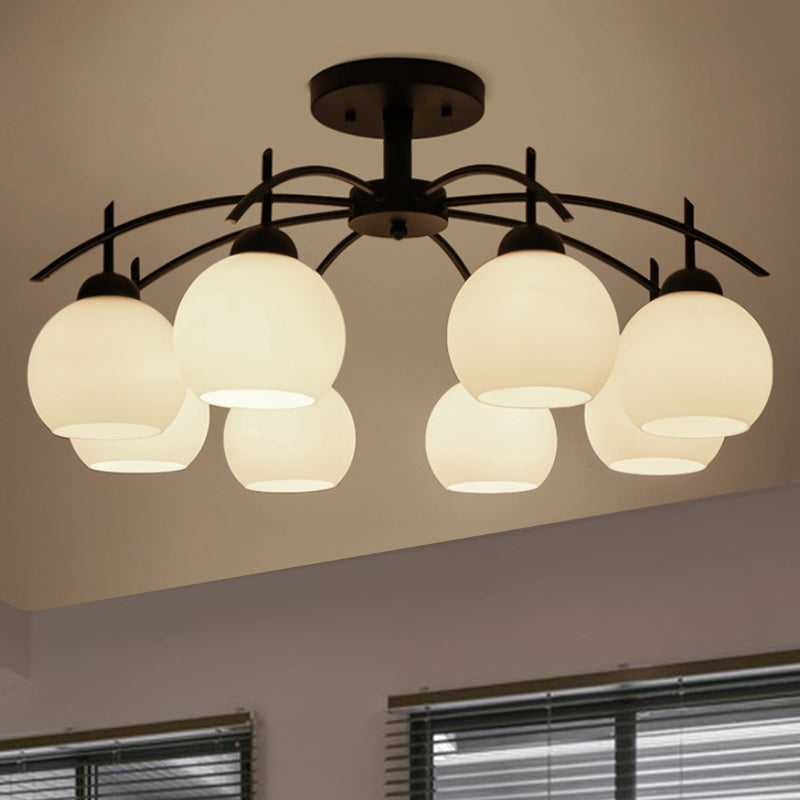 Globe White Glass Semi Flush Traditional 3/5/6 Lights Living Room Ceiling Light Fixture in Black 8 Black Clearhalo 'Ceiling Lights' 'Close To Ceiling Lights' 'Close to ceiling' 'Glass shade' 'Glass' 'Semi-flushmount' Lighting' 248199