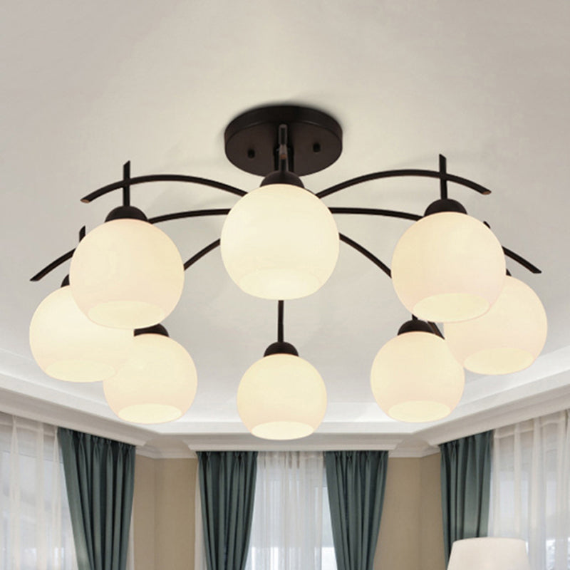 Globe White Glass Semi Flush Traditional 3/5/6 Lights Living Room Ceiling Light Fixture in Black Clearhalo 'Ceiling Lights' 'Close To Ceiling Lights' 'Close to ceiling' 'Glass shade' 'Glass' 'Semi-flushmount' Lighting' 248200