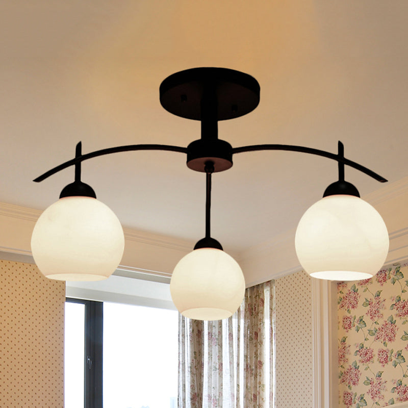 Globe White Glass Semi Flush Traditional 3/5/6 Lights Living Room Ceiling Light Fixture in Black 3 Black Clearhalo 'Ceiling Lights' 'Close To Ceiling Lights' 'Close to ceiling' 'Glass shade' 'Glass' 'Semi-flushmount' Lighting' 248201