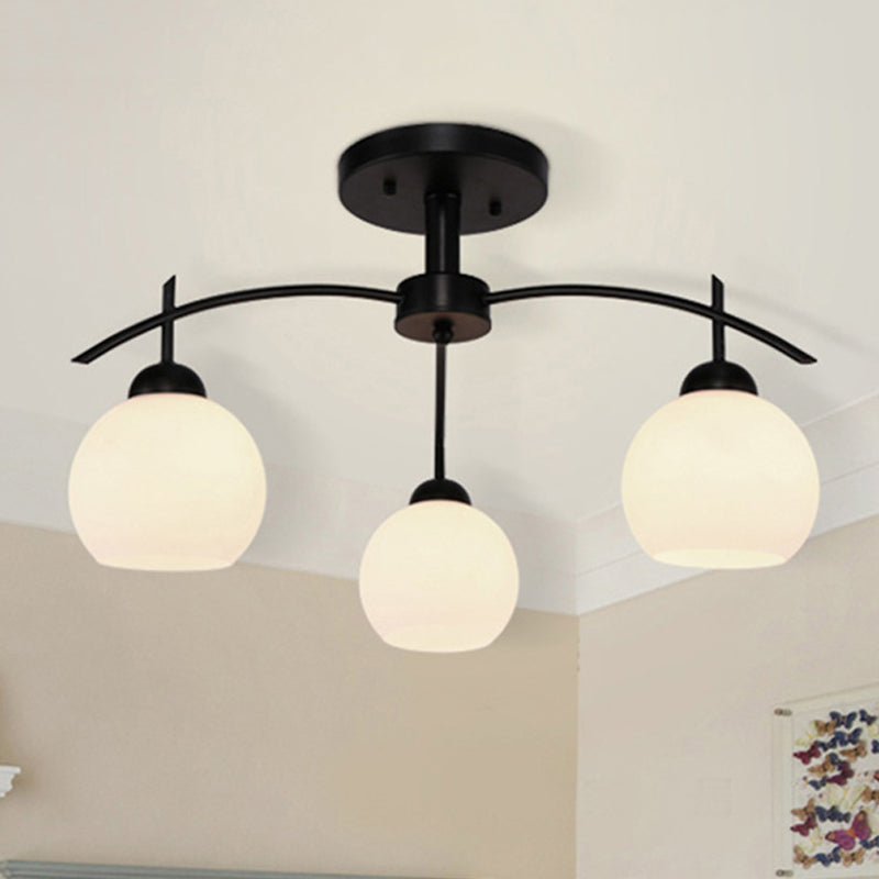 Globe White Glass Semi Flush Traditional 3/5/6 Lights Living Room Ceiling Light Fixture in Black Clearhalo 'Ceiling Lights' 'Close To Ceiling Lights' 'Close to ceiling' 'Glass shade' 'Glass' 'Semi-flushmount' Lighting' 248202