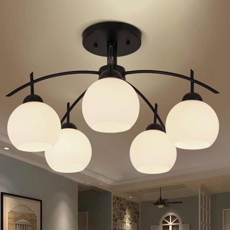 Globe White Glass Semi Flush Traditional 3/5/6 Lights Living Room Ceiling Light Fixture in Black 5 Black Clearhalo 'Ceiling Lights' 'Close To Ceiling Lights' 'Close to ceiling' 'Glass shade' 'Glass' 'Semi-flushmount' Lighting' 248203