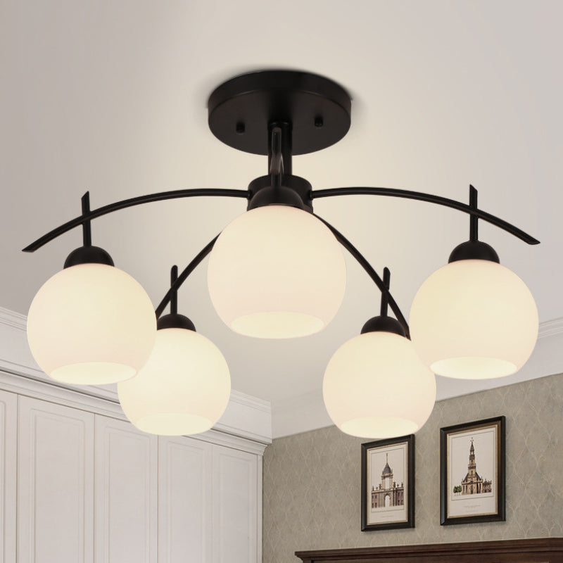 Globe White Glass Semi Flush Traditional 3/5/6 Lights Living Room Ceiling Light Fixture in Black Clearhalo 'Ceiling Lights' 'Close To Ceiling Lights' 'Close to ceiling' 'Glass shade' 'Glass' 'Semi-flushmount' Lighting' 248204