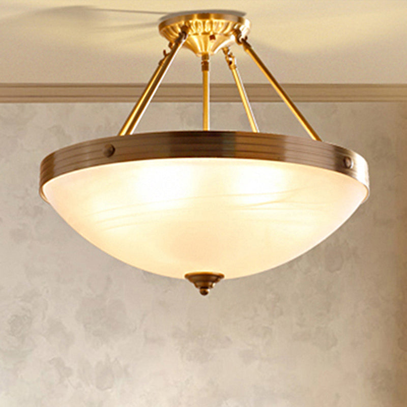 Gold 3 Lights Ceiling Mount Traditional Frosted Glass Bowl Shaped Semi Flush Light for Dining Room, 12"/16"/19.5" Wide Gold 16" Clearhalo 'Ceiling Lights' 'Close To Ceiling Lights' 'Close to ceiling' 'Glass shade' 'Glass' 'Semi-flushmount' Lighting' 248207