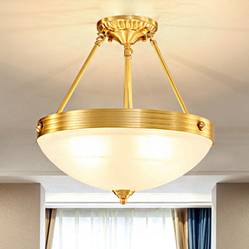 Gold 3 Lights Ceiling Mount Traditional Frosted Glass Bowl Shaped Semi Flush Light for Dining Room, 12"/16"/19.5" Wide Gold 12" Clearhalo 'Ceiling Lights' 'Close To Ceiling Lights' 'Close to ceiling' 'Glass shade' 'Glass' 'Semi-flushmount' Lighting' 248209