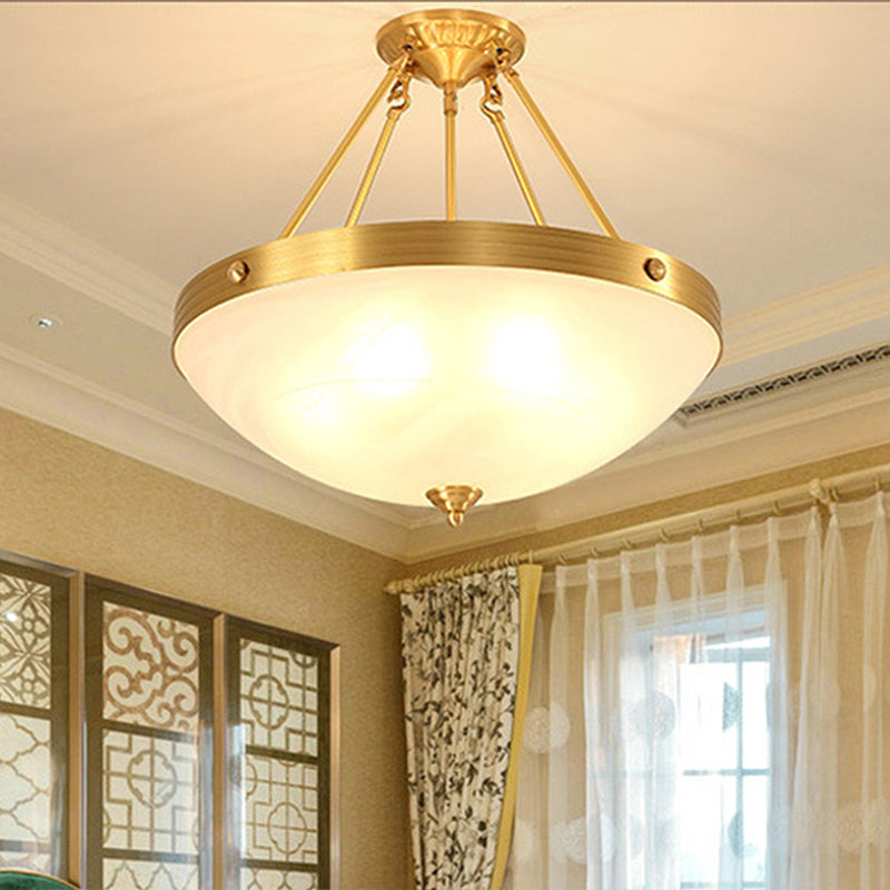 Gold 3 Lights Ceiling Mount Traditional Frosted Glass Bowl Shaped Semi Flush Light for Dining Room, 12"/16"/19.5" Wide Gold 19.5" Clearhalo 'Ceiling Lights' 'Close To Ceiling Lights' 'Close to ceiling' 'Glass shade' 'Glass' 'Semi-flushmount' Lighting' 248210