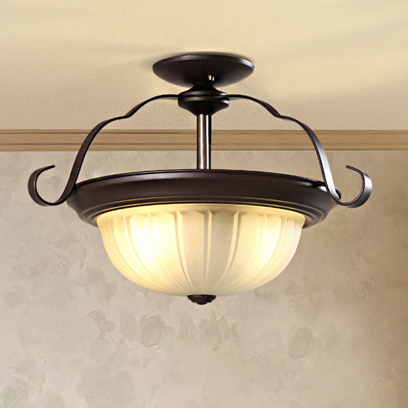 2 Lights Corridor Semi Flush Mount Classic Black Close to Ceiling Lighting with Bowl Frosted Glass Shade Black Clearhalo 'Ceiling Lights' 'Close To Ceiling Lights' 'Close to ceiling' 'Glass shade' 'Glass' 'Semi-flushmount' Lighting' 248211
