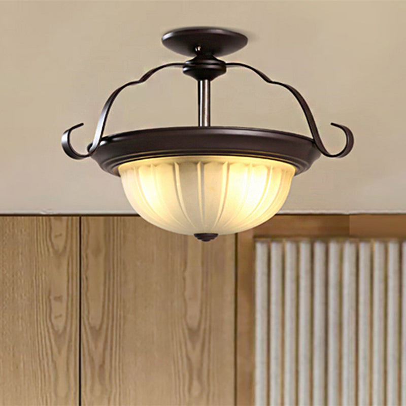 2 Lights Corridor Semi Flush Mount Classic Black Close to Ceiling Lighting with Bowl Frosted Glass Shade Clearhalo 'Ceiling Lights' 'Close To Ceiling Lights' 'Close to ceiling' 'Glass shade' 'Glass' 'Semi-flushmount' Lighting' 248212