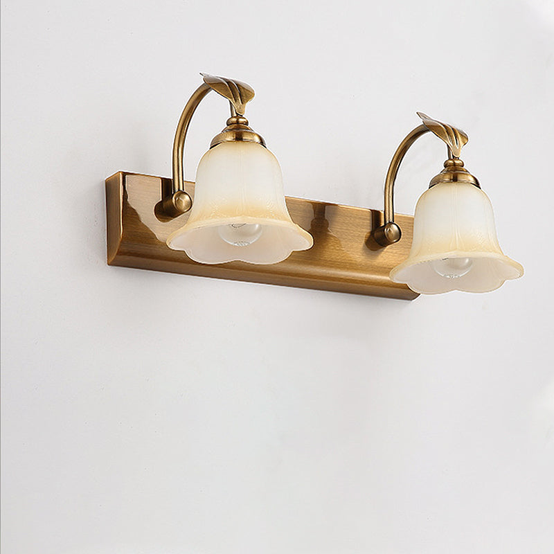 1/2/3 Lights Frosted Glass Vanity Light Traditional Brass Flared Bedroom Sconce with Gooseneck Arm Clearhalo 'Vanity Lights' 'Wall Lights' Lighting' 248246