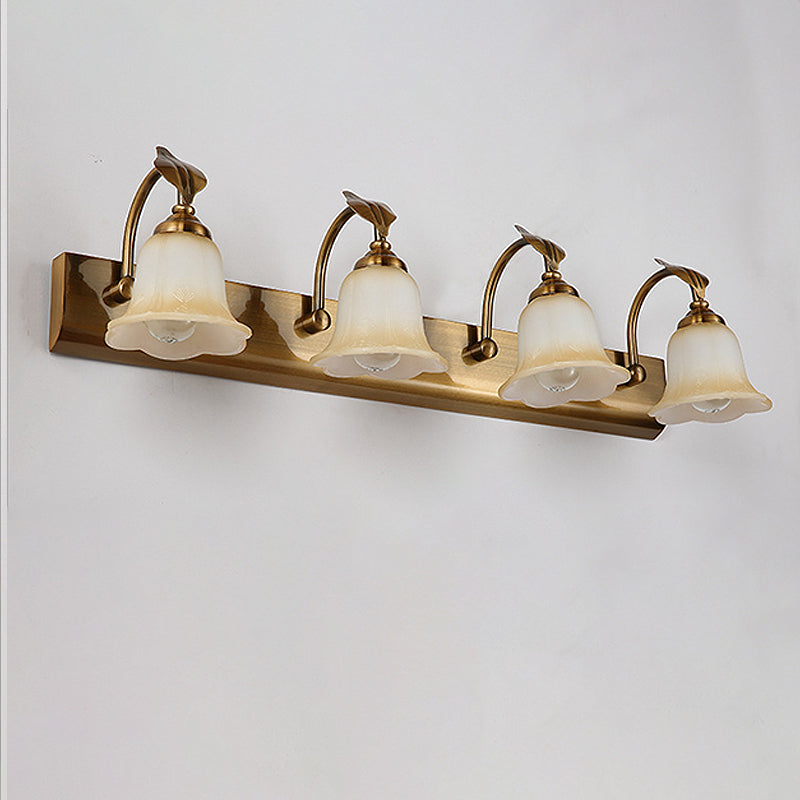 1/2/3 Lights Frosted Glass Vanity Light Traditional Brass Flared Bedroom Sconce with Gooseneck Arm Clearhalo 'Vanity Lights' 'Wall Lights' Lighting' 248248