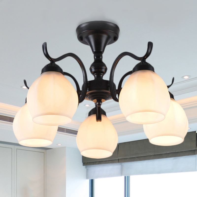 Black Bubble Shape Semi Flush Light Traditional White Glass 3/5/6 Lights Living Room Ceiling Lamp 5 White Clearhalo 'Ceiling Lights' 'Close To Ceiling Lights' 'Close to ceiling' 'Glass shade' 'Glass' 'Semi-flushmount' Lighting' 248255