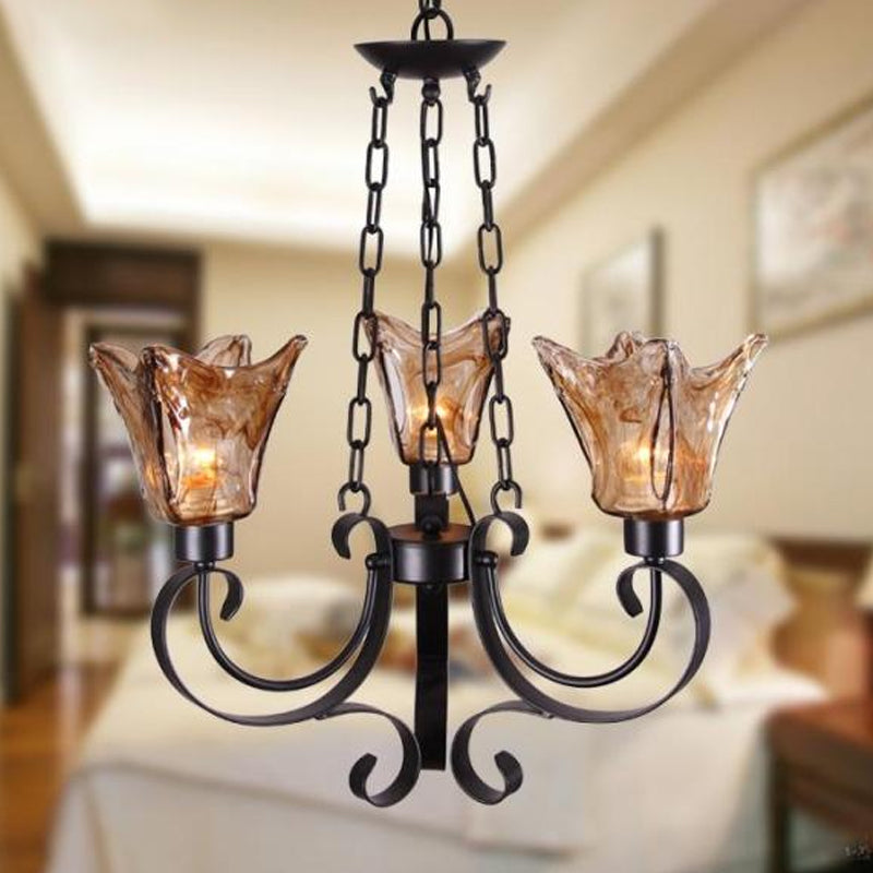 3/6/8 Bulbs Ceiling Lamp Scroll Amber Glass Classic Living Room Chandelier Pendant Light with Flower Shade 3 Amber Clearhalo 'Ceiling Lights' 'Chandeliers' Lighting' options 248331_dd97e48e-6dc5-415a-a5e7-8ae04009bb5a