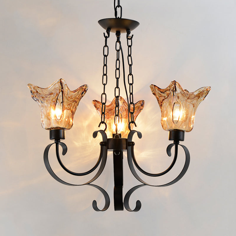 3/6/8 Bulbs Ceiling Lamp Scroll Amber Glass Classic Living Room Chandelier Pendant Light with Flower Shade Clearhalo 'Ceiling Lights' 'Chandeliers' Lighting' options 248332