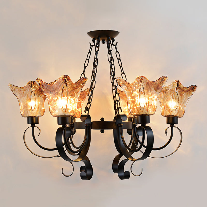 3/6/8 Bulbs Ceiling Lamp Scroll Amber Glass Classic Living Room Chandelier Pendant Light with Flower Shade Clearhalo 'Ceiling Lights' 'Chandeliers' Lighting' options 248333