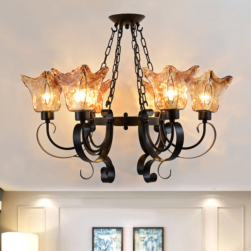 3/6/8 Bulbs Ceiling Lamp Scroll Amber Glass Classic Living Room Chandelier Pendant Light with Flower Shade Clearhalo 'Ceiling Lights' 'Chandeliers' Lighting' options 248334