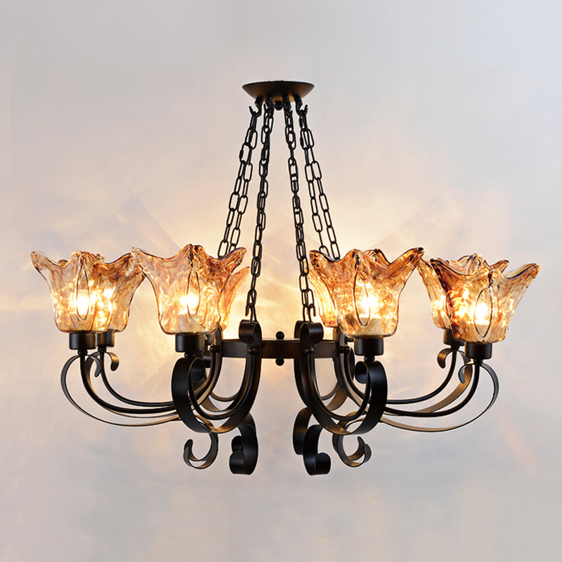 3/6/8 Bulbs Ceiling Lamp Scroll Amber Glass Classic Living Room Chandelier Pendant Light with Flower Shade Clearhalo 'Ceiling Lights' 'Chandeliers' Lighting' options 248335