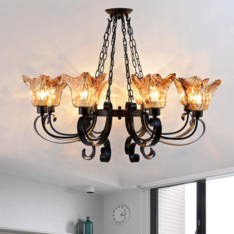 3/6/8 Bulbs Ceiling Lamp Scroll Amber Glass Classic Living Room Chandelier Pendant Light with Flower Shade Clearhalo 'Ceiling Lights' 'Chandeliers' Lighting' options 248336