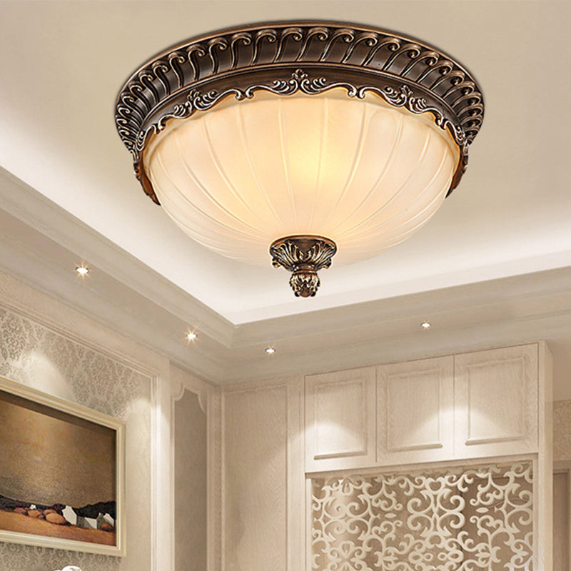 3 Lights Living Room Ceiling Light Fixture Traditional Bronze Flush Mount with Bowl Frosted Glass Shade, 12"/14"/19" Wide Clearhalo 'Ceiling Lights' 'Close To Ceiling Lights' 'Close to ceiling' 'Flush mount' Lighting' 248348