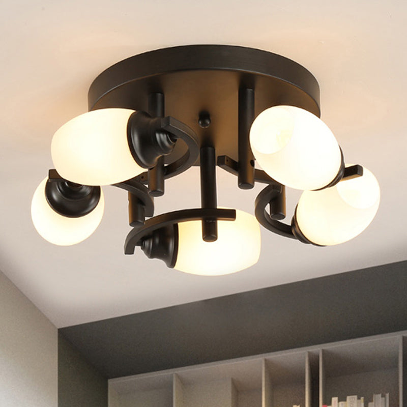 Oval White Glass Semi Flush Traditional 3/5/7 Lights Living Room Ceiling Light Fixture in Black Clearhalo 'Ceiling Lights' 'Close To Ceiling Lights' 'Close to ceiling' 'Glass shade' 'Glass' 'Semi-flushmount' Lighting' 248352