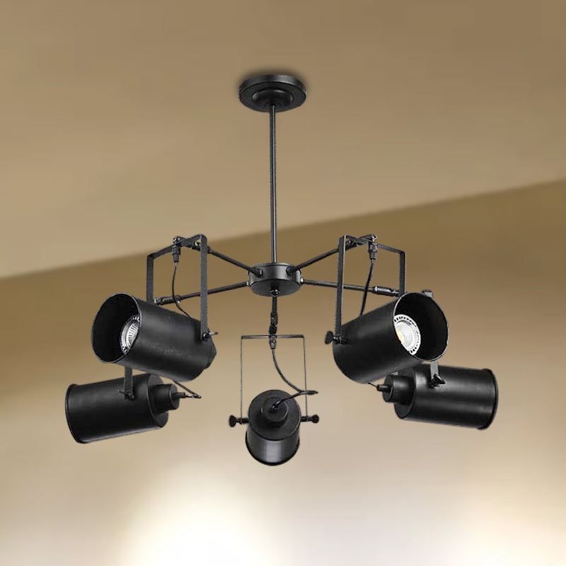 Black Finish 5 Bulbs Chandelier Hanging Lamp Retro Metal Cylinder Shade Adjustable Pendant Lighting Black Clearhalo 'Cast Iron' 'Ceiling Lights' 'Chandeliers' 'Industrial Chandeliers' 'Industrial' 'Metal' 'Middle Century Chandeliers' 'Rustic Chandeliers' 'Tiffany' Lighting' 248405