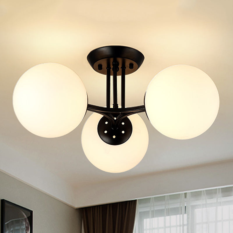 3/6 Lights Living Room Ceiling Light Fixture Traditional Black Semi Flush with Globe White Glass Shade 3 White Clearhalo 'Ceiling Lights' 'Close To Ceiling Lights' 'Close to ceiling' 'Glass shade' 'Glass' 'Semi-flushmount' Lighting' 248408