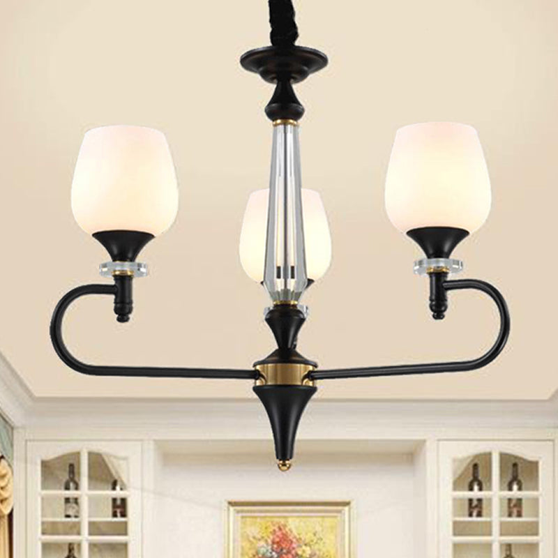 3/6 Lights Opal Glass Hanging Chandelier Traditional Matte Black Cone Living Room Pendant Light Fixture Clearhalo 'Ceiling Lights' 'Chandeliers' Lighting' options 248469