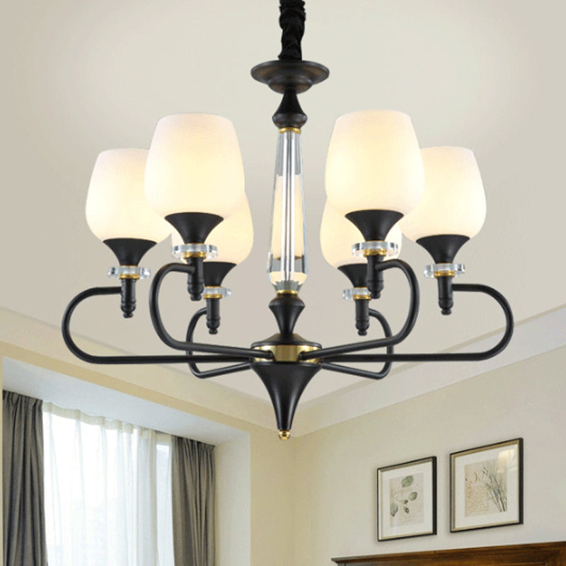 3/6 Lights Opal Glass Hanging Chandelier Traditional Matte Black Cone Living Room Pendant Light Fixture Clearhalo 'Ceiling Lights' 'Chandeliers' Lighting' options 248471