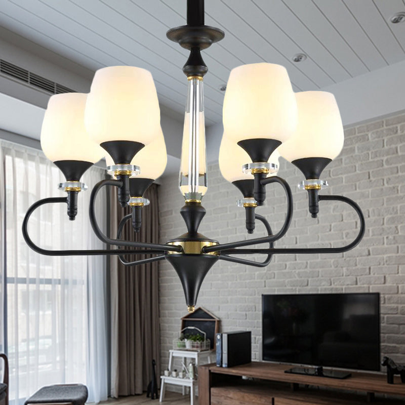 3/6 Lights Opal Glass Hanging Chandelier Traditional Matte Black Cone Living Room Pendant Light Fixture Clearhalo 'Ceiling Lights' 'Chandeliers' Lighting' options 248472