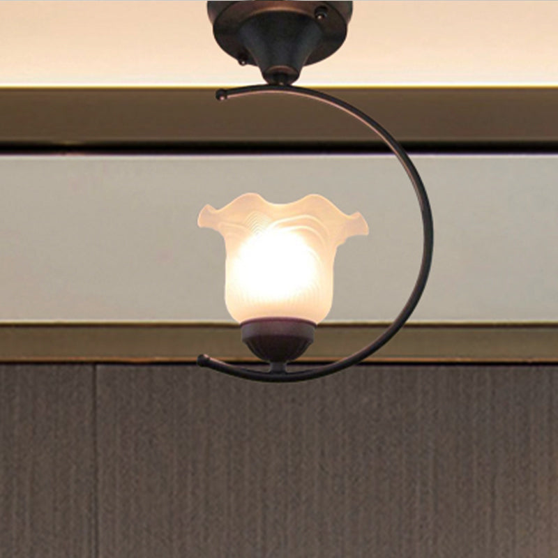 Single Bulb Semi Flush Mount Industrial Flower/Bell Frosted Glass Ceiling Light in White/Black for Corridor Clearhalo 'Ceiling Lights' 'Close To Ceiling Lights' 'Close to ceiling' 'Semi-flushmount' Lighting' 248494