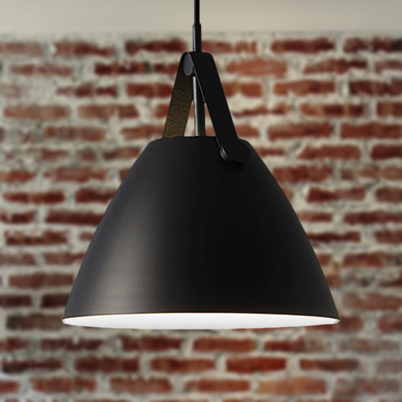 Modernist Conical Pendant Lighting 10.5"/14" W 1 Bulb Metallic Suspension Light with Leather Strap in Black/Blue over Table Black Clearhalo 'Ceiling Lights' 'Modern Pendants' 'Modern' 'Pendant Lights' 'Pendants' Lighting' 248531