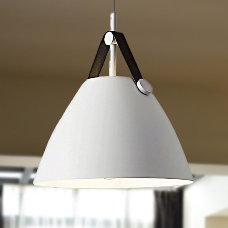 Modernist Conical Pendant Lighting 10.5"/14" W 1 Bulb Metallic Suspension Light with Leather Strap in Black/Blue over Table White Clearhalo 'Ceiling Lights' 'Modern Pendants' 'Modern' 'Pendant Lights' 'Pendants' Lighting' 248532