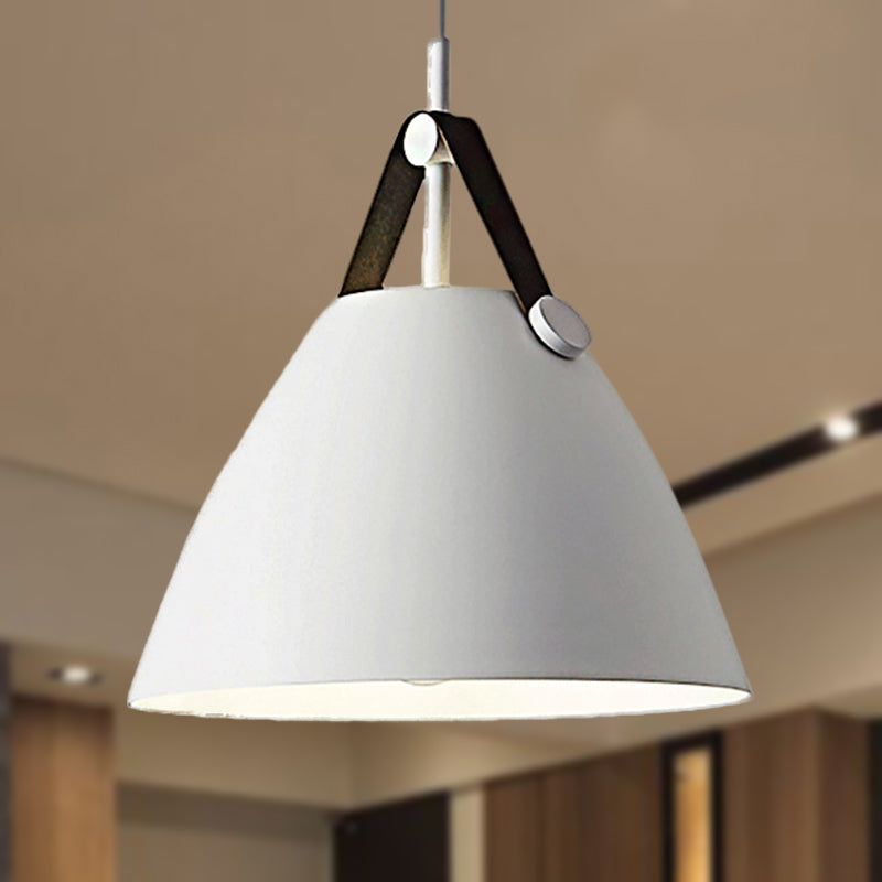 Modernist Conical Pendant Lighting 10.5"/14" W 1 Bulb Metallic Suspension Light with Leather Strap in Black/Blue over Table Clearhalo 'Ceiling Lights' 'Modern Pendants' 'Modern' 'Pendant Lights' 'Pendants' Lighting' 248533