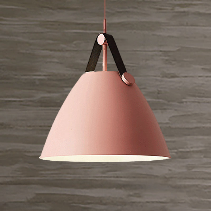 Modernist Conical Pendant Lighting 10.5"/14" W 1 Bulb Metallic Suspension Light with Leather Strap in Black/Blue over Table Pink Clearhalo 'Ceiling Lights' 'Modern Pendants' 'Modern' 'Pendant Lights' 'Pendants' Lighting' 248534