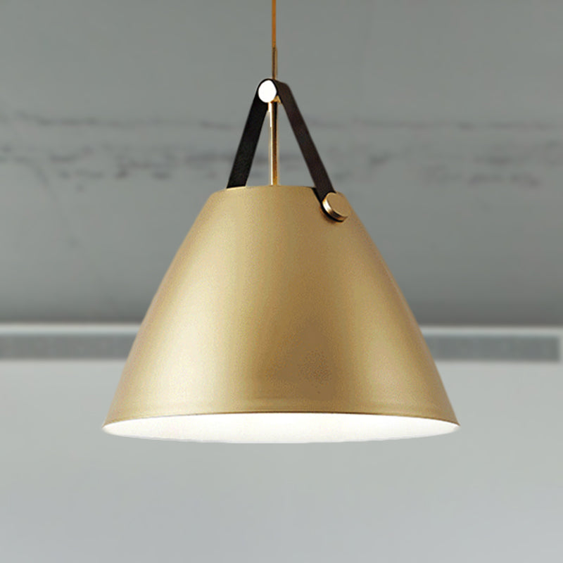 Modernist Conical Pendant Lighting 10.5"/14" W 1 Bulb Metallic Suspension Light with Leather Strap in Black/Blue over Table Gold Clearhalo 'Ceiling Lights' 'Modern Pendants' 'Modern' 'Pendant Lights' 'Pendants' Lighting' 248536