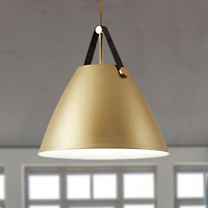 Modernist Conical Pendant Lighting 10.5"/14" W 1 Bulb Metallic Suspension Light with Leather Strap in Black/Blue over Table Clearhalo 'Ceiling Lights' 'Modern Pendants' 'Modern' 'Pendant Lights' 'Pendants' Lighting' 248537