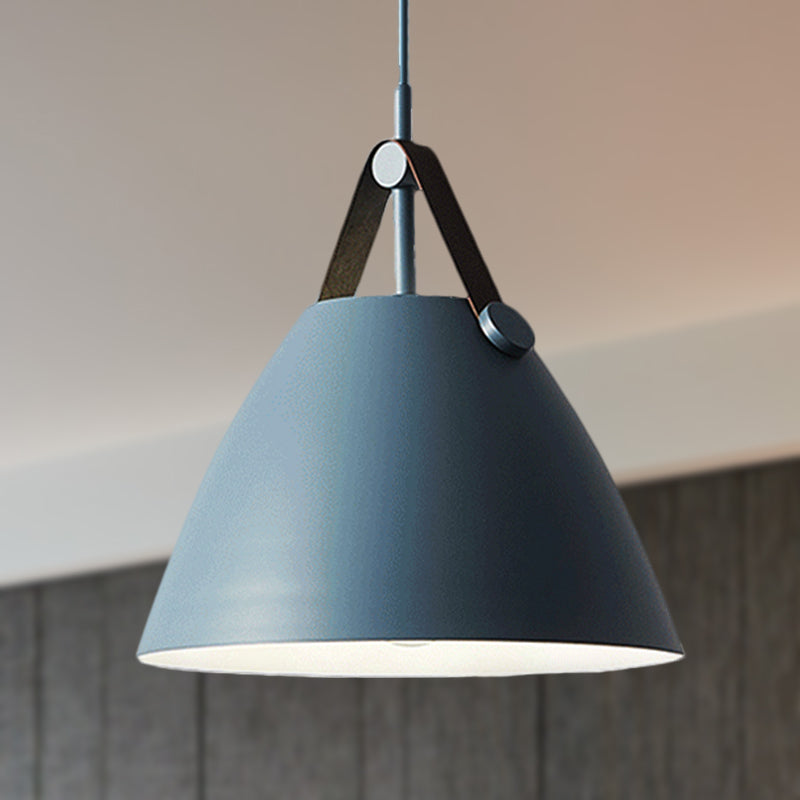 Modernist Conical Pendant Lighting 10.5"/14" W 1 Bulb Metallic Suspension Light with Leather Strap in Black/Blue over Table Blue Clearhalo 'Ceiling Lights' 'Modern Pendants' 'Modern' 'Pendant Lights' 'Pendants' Lighting' 248538