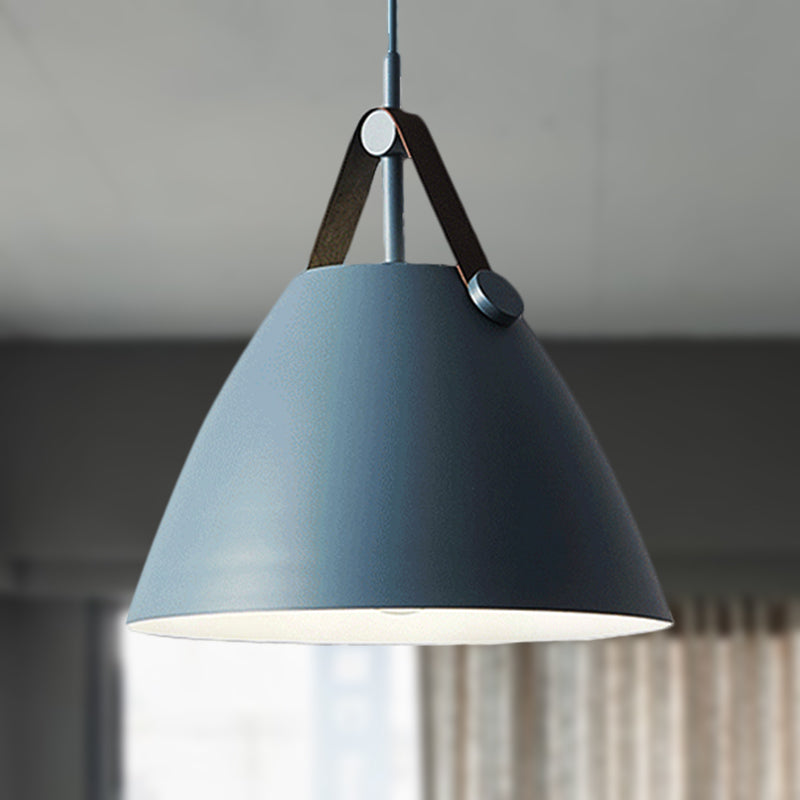 Modernist Conical Pendant Lighting 10.5"/14" W 1 Bulb Metallic Suspension Light with Leather Strap in Black/Blue over Table Clearhalo 'Ceiling Lights' 'Modern Pendants' 'Modern' 'Pendant Lights' 'Pendants' Lighting' 248539