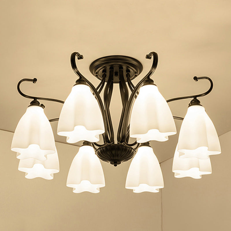 3/6/8 Lights White Glass Ceiling Light Fixture Classic Black Flower Shaped Living Room Semi Mount Lighting Clearhalo 'Ceiling Lights' 'Close To Ceiling Lights' 'Close to ceiling' 'Glass shade' 'Glass' 'Semi-flushmount' Lighting' 248545