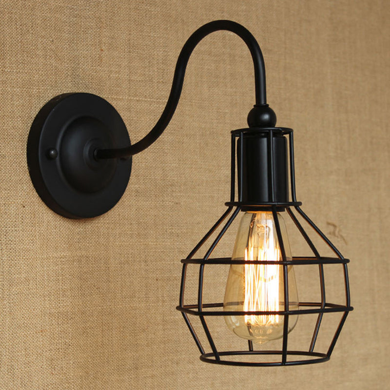 Metallic Black/Bronze Wall Lighting Global Cage 1 Head Vintage Industrial Wall Lamp with Gooseneck Arm Clearhalo 'Art deco wall lights' 'Cast Iron' 'Glass' 'Industrial wall lights' 'Industrial' 'Middle century wall lights' 'Modern' 'Rustic wall lights' 'Tiffany' 'Traditional wall lights' 'Wall Lamps & Sconces' 'Wall Lights' Lighting' 248548