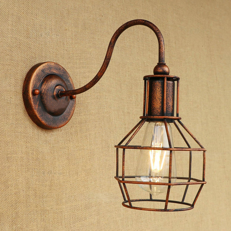 Metallic Black/Bronze Wall Lighting Global Cage 1 Head Vintage Industrial Wall Lamp with Gooseneck Arm Clearhalo 'Art deco wall lights' 'Cast Iron' 'Glass' 'Industrial wall lights' 'Industrial' 'Middle century wall lights' 'Modern' 'Rustic wall lights' 'Tiffany' 'Traditional wall lights' 'Wall Lamps & Sconces' 'Wall Lights' Lighting' 248550