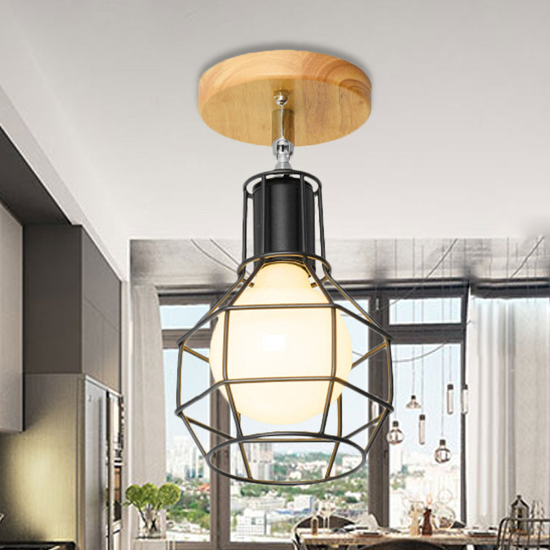 Mini Triangle/Urn Metal Semi Flush Light with Wire Guard Industrial Retro 1 Head Bedroom Ceiling Light Fixture Clearhalo 'Ceiling Lights' 'Close To Ceiling Lights' 'Close to ceiling' 'Semi-flushmount' Lighting' 248555