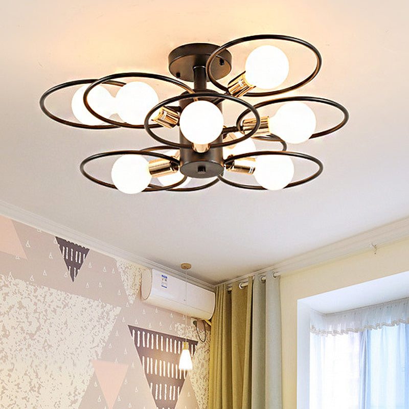 Ring Bedroom Semi Mount Lighting Traditional Metal 3/6/9 Lights Black Ceiling Light Fixture 9 Black Clearhalo 'Ceiling Lights' 'Close To Ceiling Lights' 'Close to ceiling' 'Semi-flushmount' Lighting' 248584