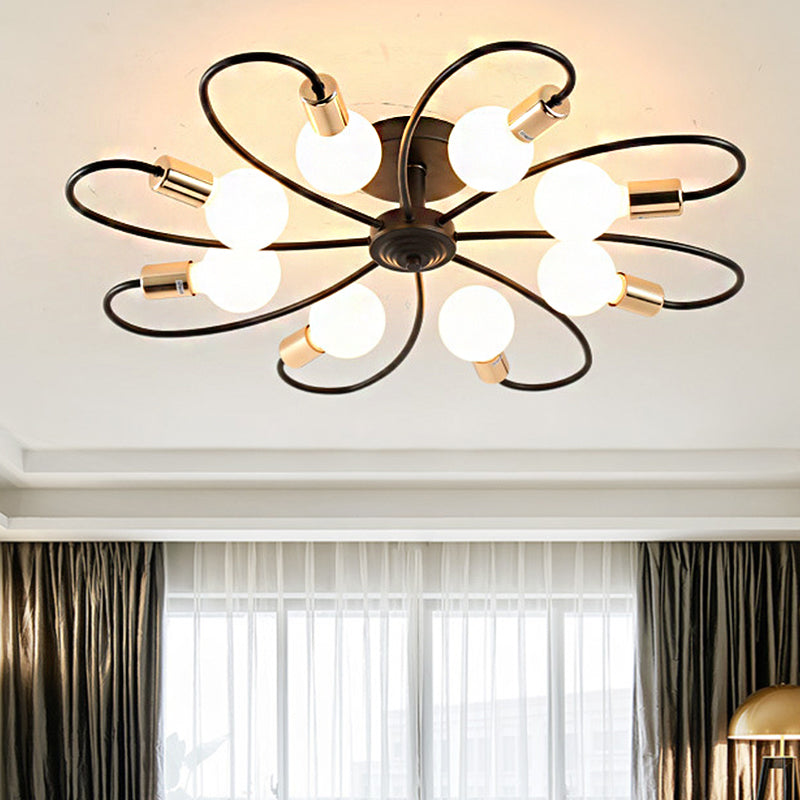 3/6/8 Lights Metal Semi Flush Light Traditional Black Exposed Bulb Living Room Ceiling Lighting 8 Black Clearhalo 'Ceiling Lights' 'Close To Ceiling Lights' 'Close to ceiling' 'Semi-flushmount' Lighting' 248609