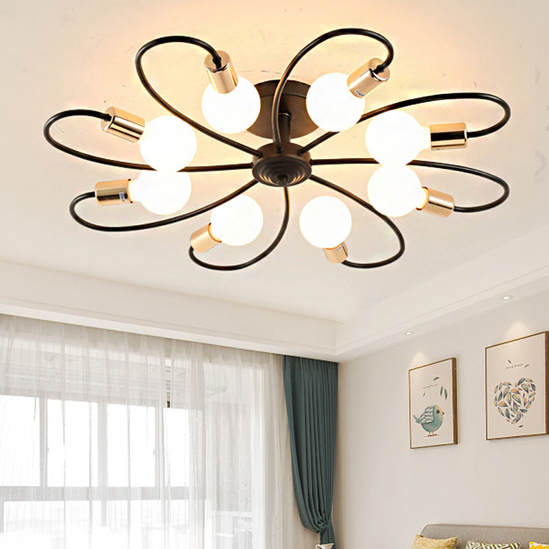 3/6/8 Lights Metal Semi Flush Light Traditional Black Exposed Bulb Living Room Ceiling Lighting Clearhalo 'Ceiling Lights' 'Close To Ceiling Lights' 'Close to ceiling' 'Semi-flushmount' Lighting' 248610