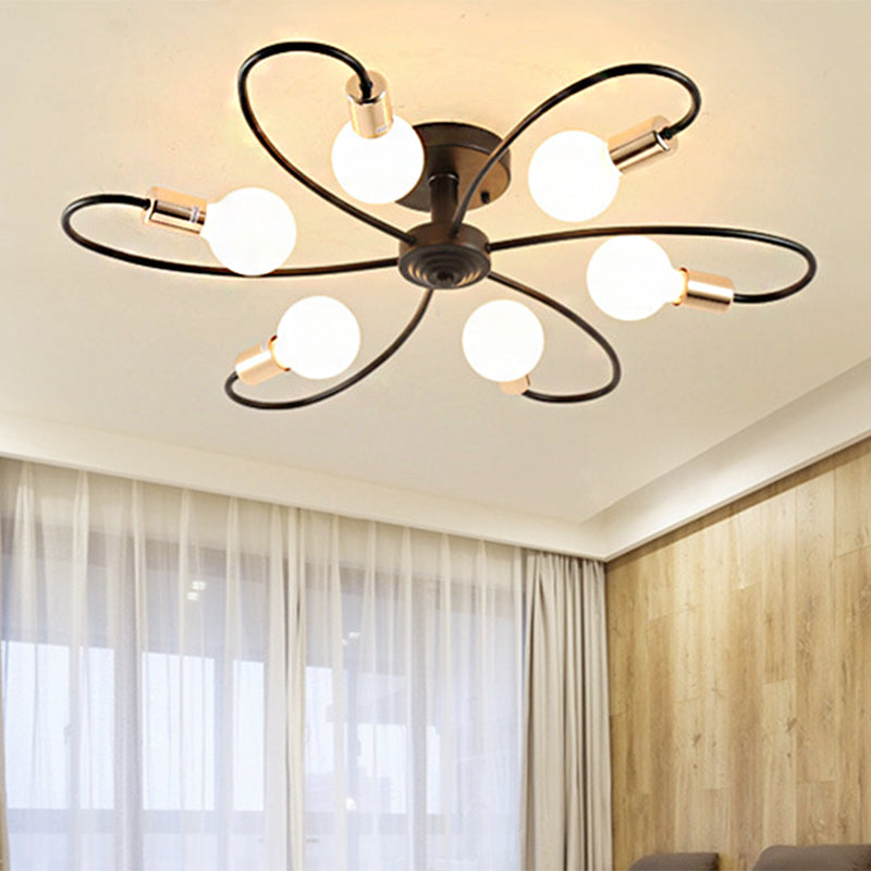 3/6/8 Lights Metal Semi Flush Light Traditional Black Exposed Bulb Living Room Ceiling Lighting 6 Black Clearhalo 'Ceiling Lights' 'Close To Ceiling Lights' 'Close to ceiling' 'Semi-flushmount' Lighting' 248612