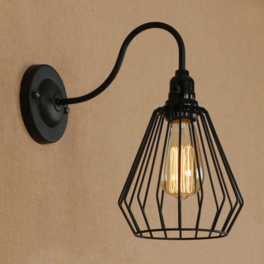 Gooseneck Arm Iron Wall Light Fixture with Cone/Cylinder/Barn Cage Shade Industrial 1 Head Living Room Wall Mount Light in Black Clearhalo 'Art deco wall lights' 'Cast Iron' 'Glass' 'Industrial wall lights' 'Industrial' 'Middle century wall lights' 'Modern' 'Rustic wall lights' 'Tiffany' 'Traditional wall lights' 'Wall Lamps & Sconces' 'Wall Lights' Lighting' 248626