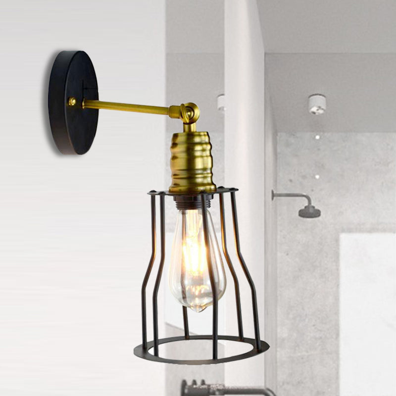 1 Bulb Iron Wall Sconce Lighting Farmhouse Brass/Aged Brass Cage Shade Dining Room Adjustable Wall Lighting Clearhalo 'Art deco wall lights' 'Cast Iron' 'Glass' 'Industrial wall lights' 'Industrial' 'Middle century wall lights' 'Modern' 'Rustic wall lights' 'Tiffany' 'Traditional wall lights' 'Wall Lamps & Sconces' 'Wall Lights' Lighting' 248671